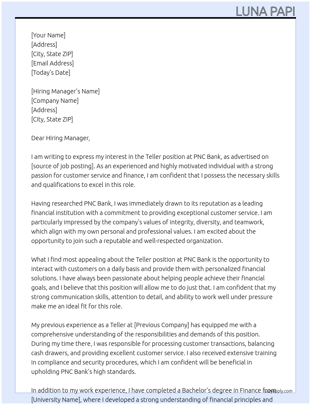 Teller At PNC Bank Cover Letter