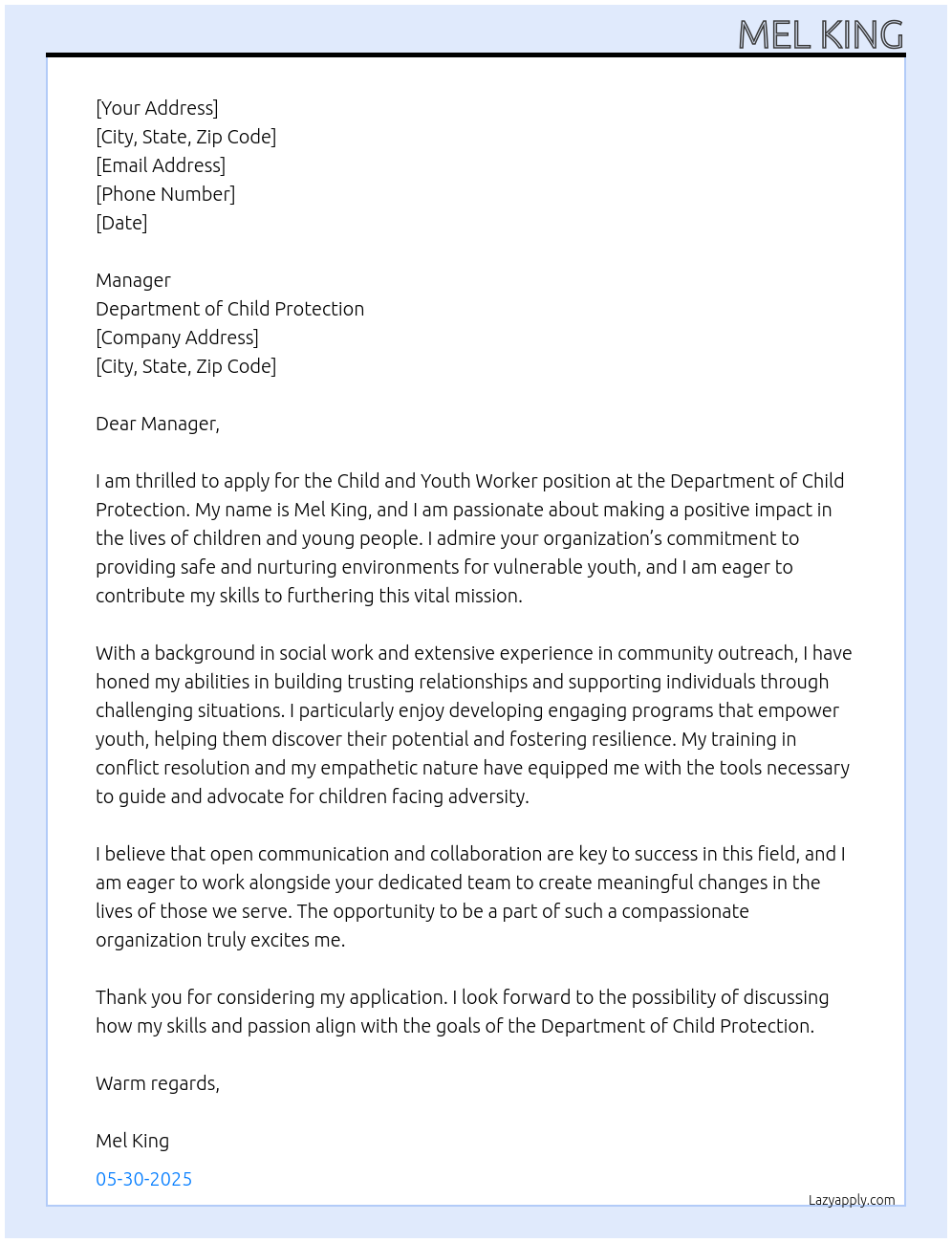 Cover letter for child and youth worker - LazyApply