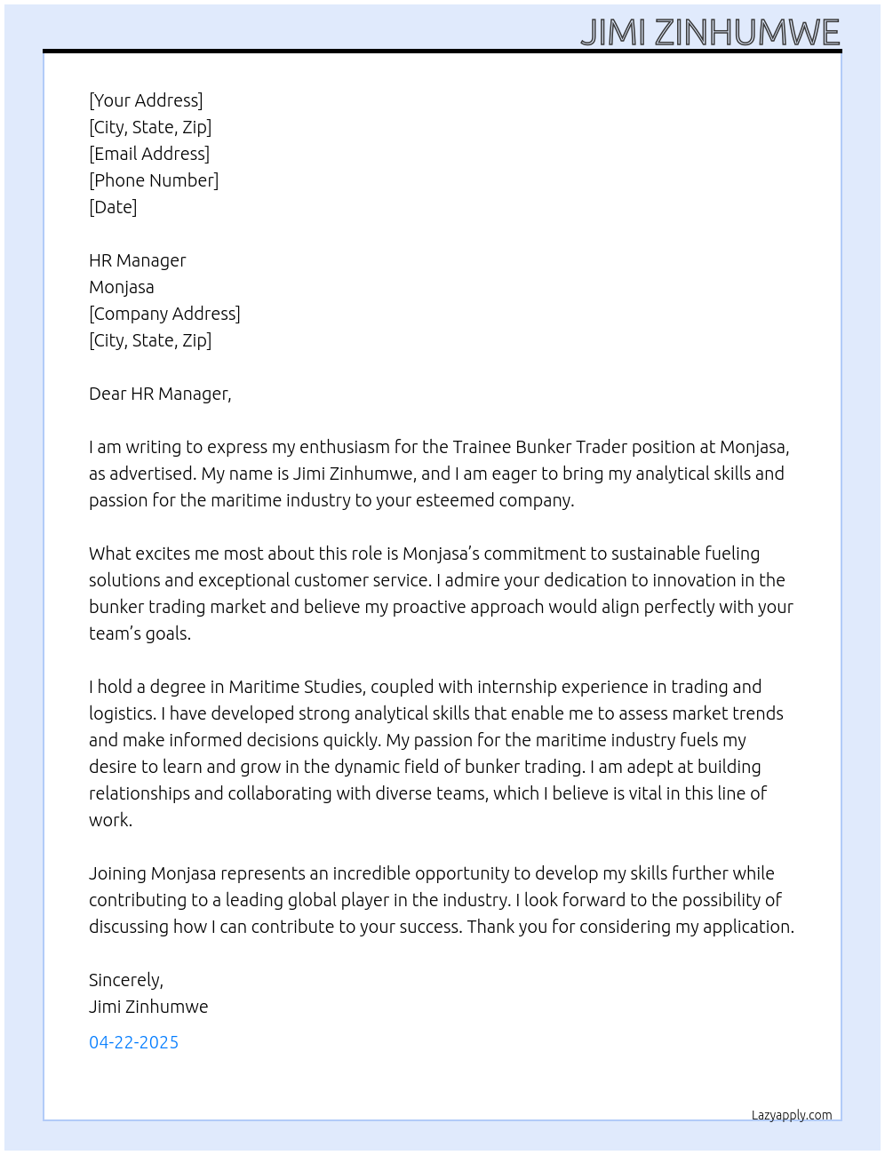 Trainee bunker trader  At Monjasa Cover Letter