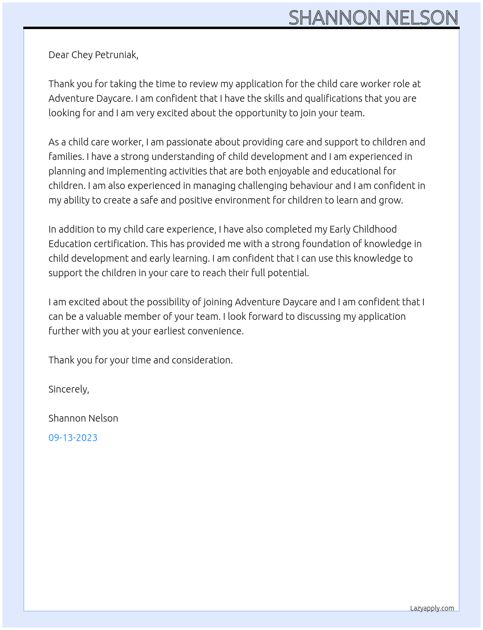 child care worker At adventure daycare Cover Letter