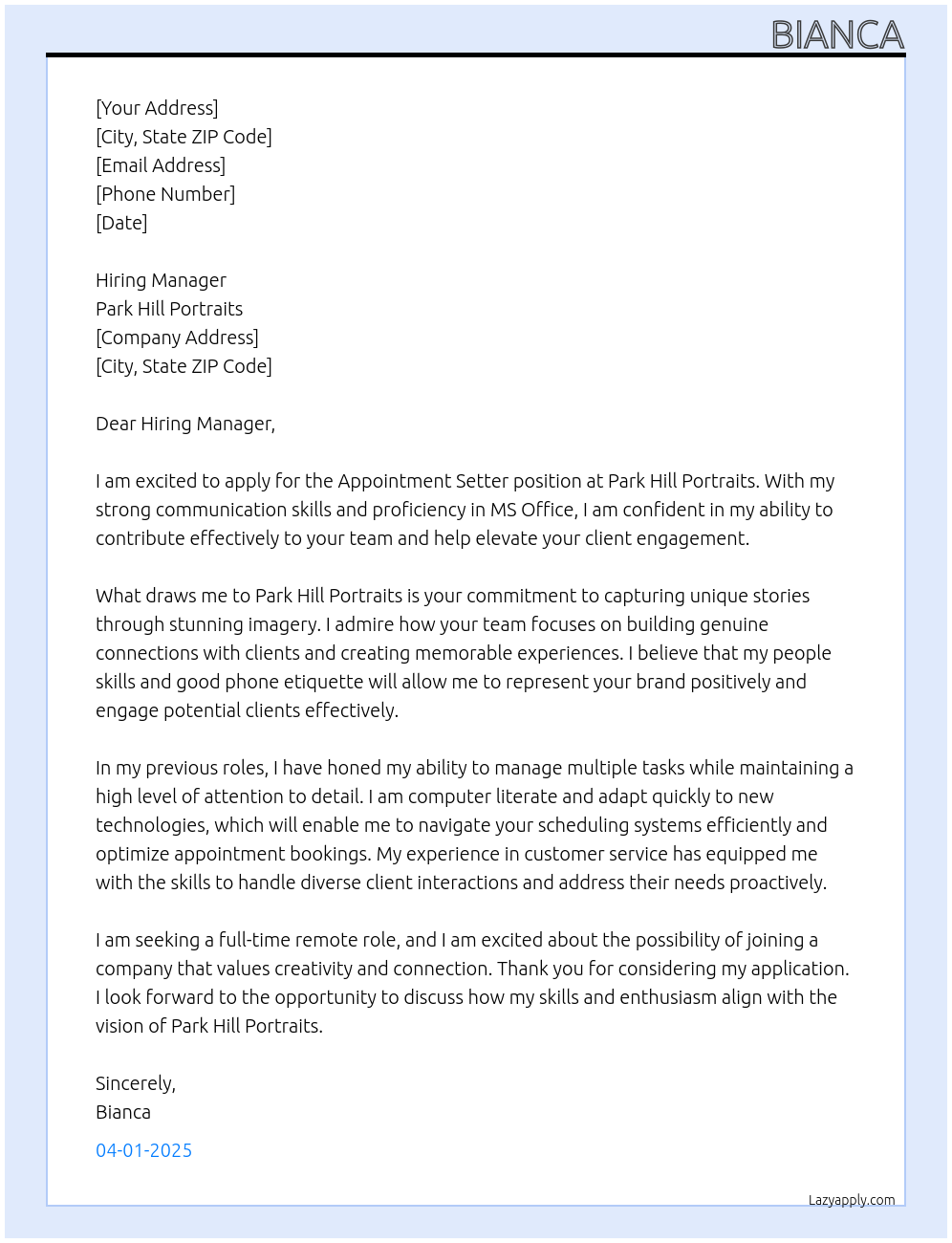 Appointment Setter At Park Hill Portraits Cover Letter