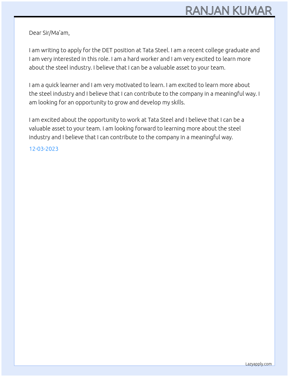 DET At Tata steel  Cover Letter