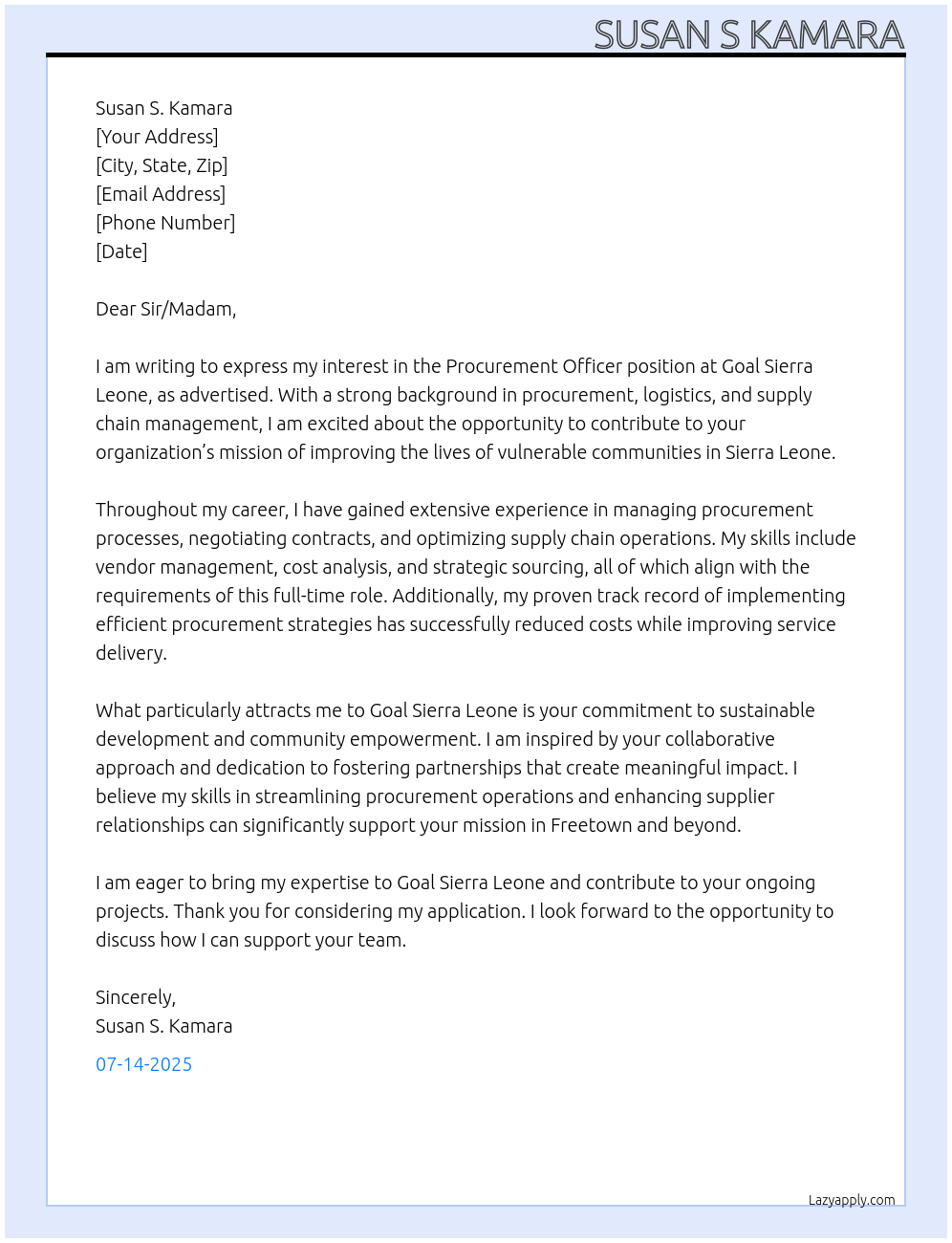 Procurement Officer At Goal Sierra Leone Cover Letter