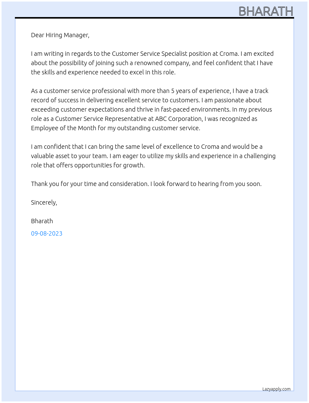 Customer service specialist At Croma Cover Letter