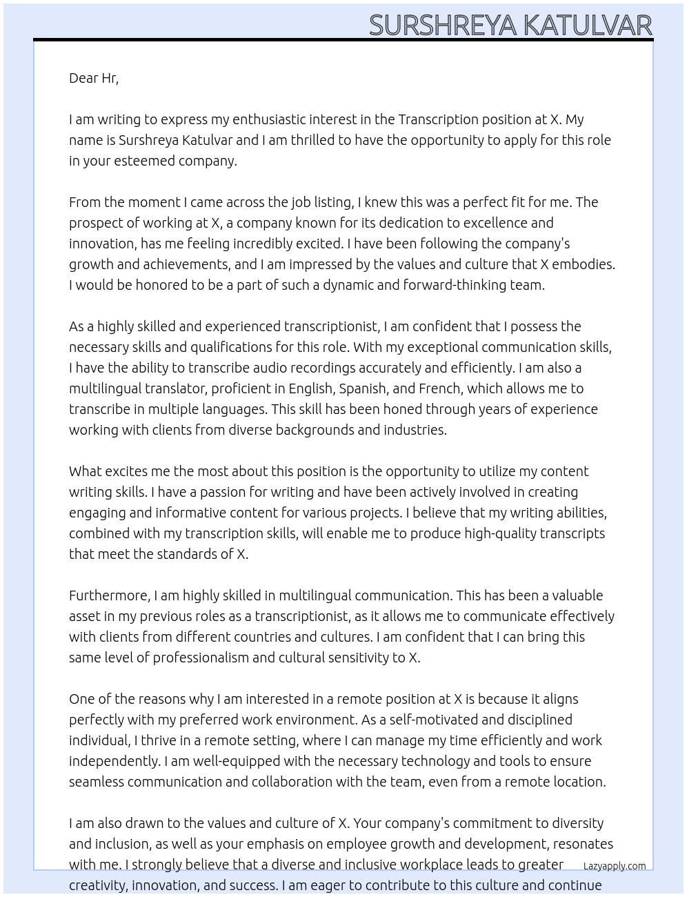 Transcription At X Cover Letter