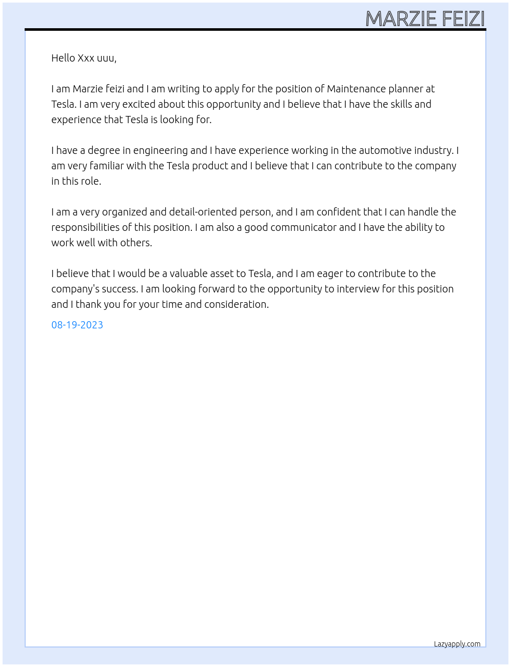 Maintenance planner At Tesla Cover Letter