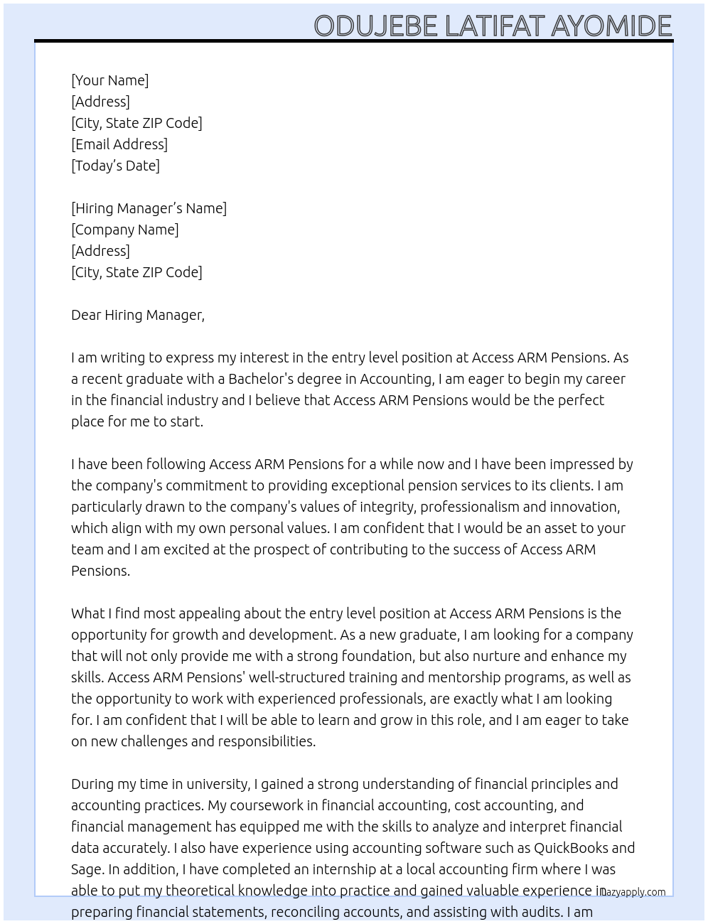 entry level At Access ARM Pensions Cover Letter