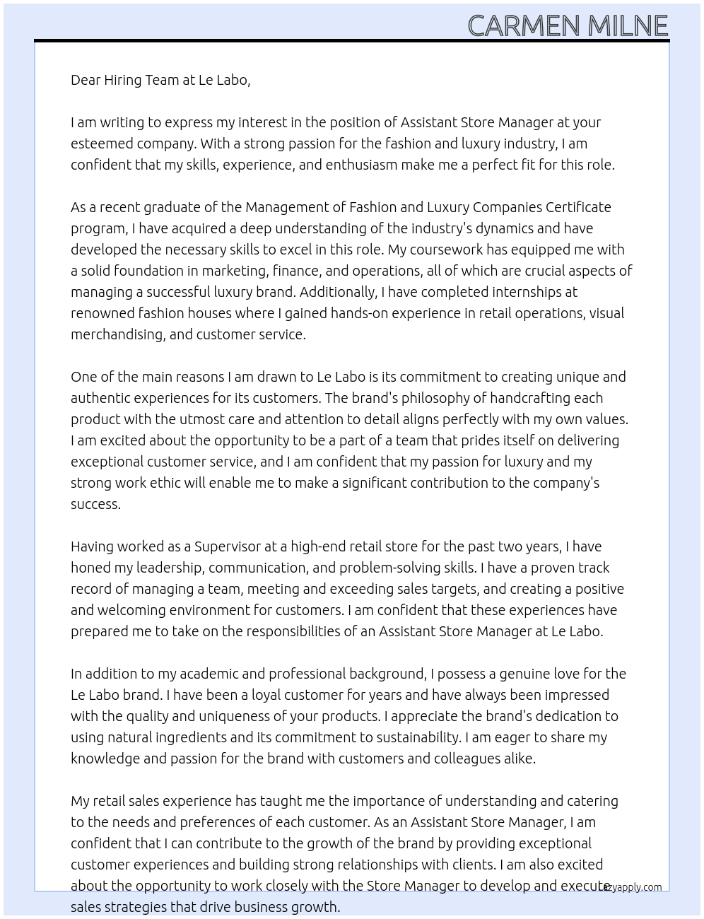 Assistant Store Manager At Le Labo Cover Letter