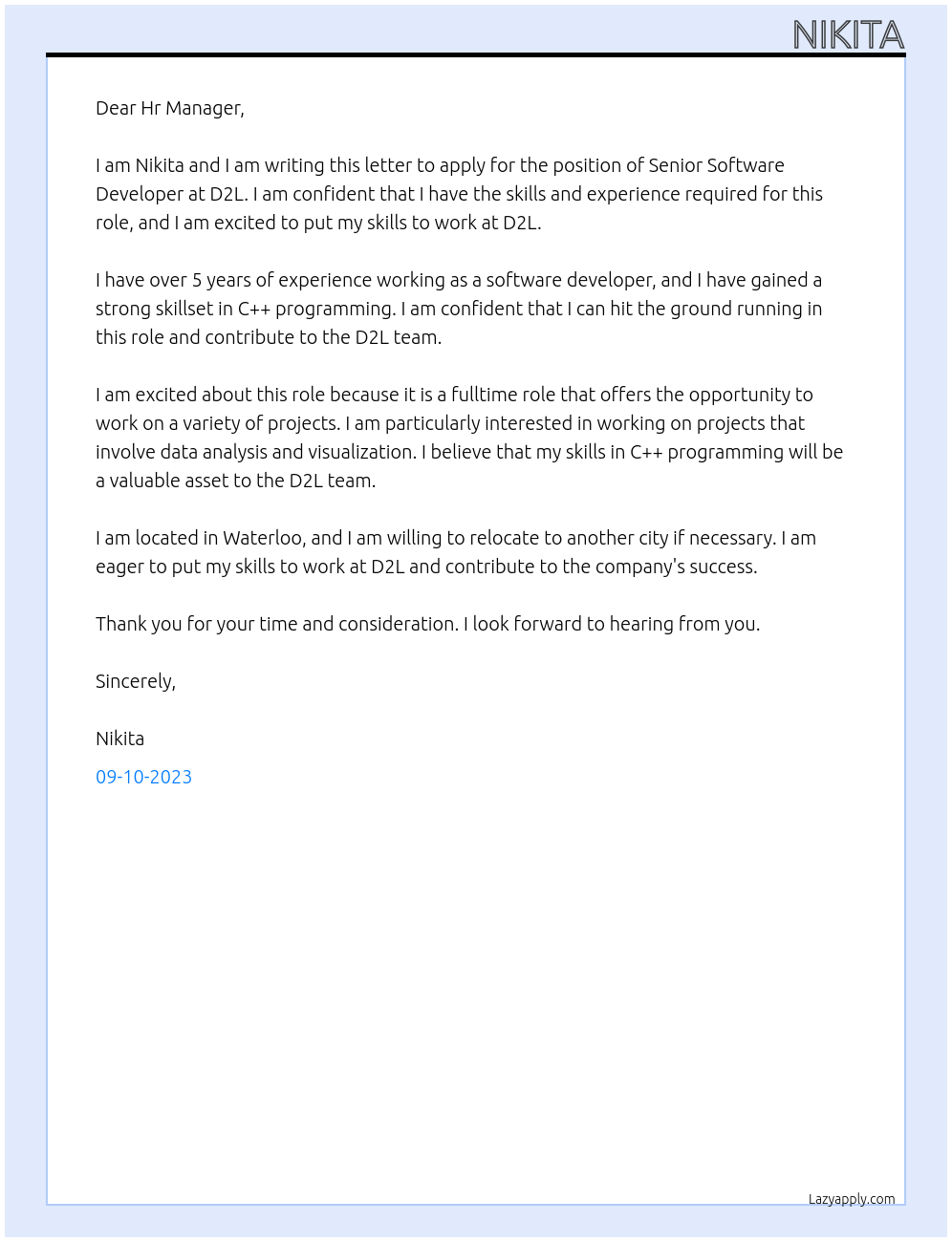 Senior Software Developer At D2L Cover Letter