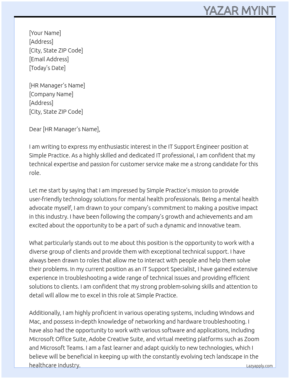 IT Support Engineer At Simple Practice Cover Letter