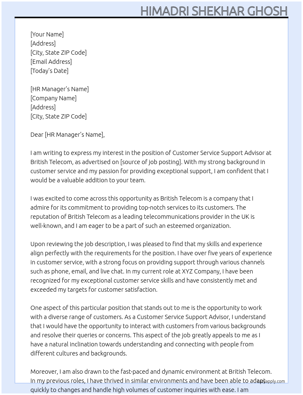 Customer Service Support Advisor At British Telecom  Cover Letter