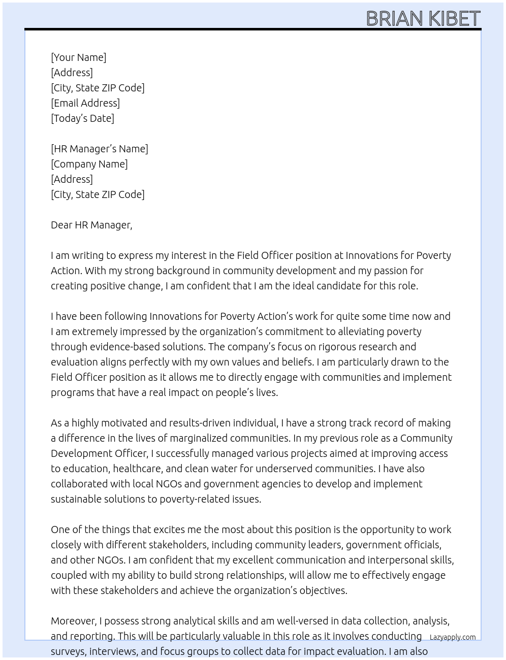 FIELD OFFICER At INNOVATIOS FOR POVERTY ACTION Cover Letter