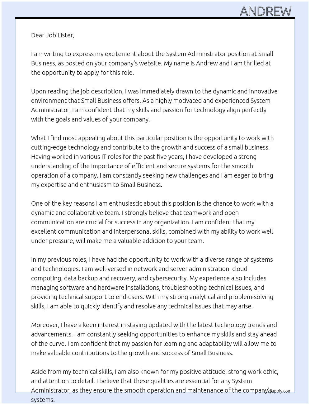 System Administrator At Small Business Cover Letter