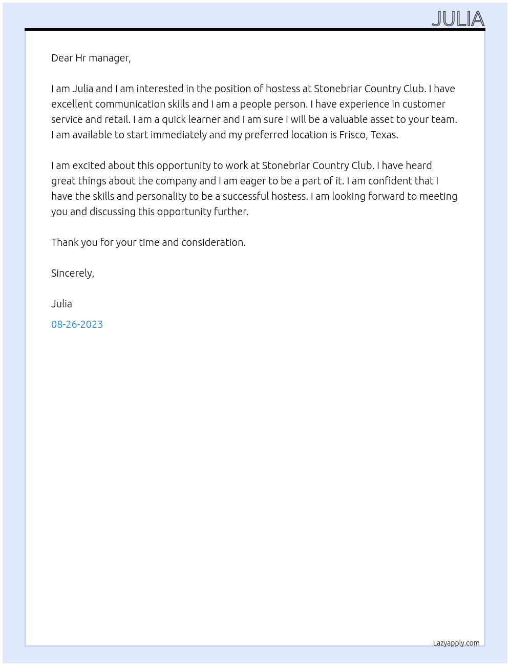 hostess At stonebriar country club Cover Letter