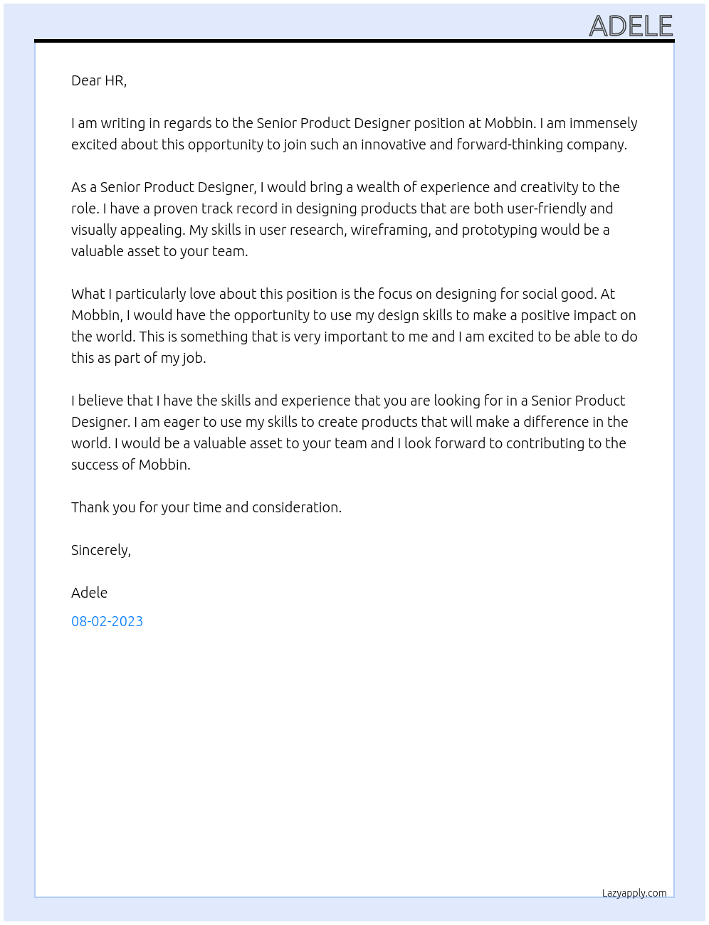 Senior product designer At Mobbin Cover Letter