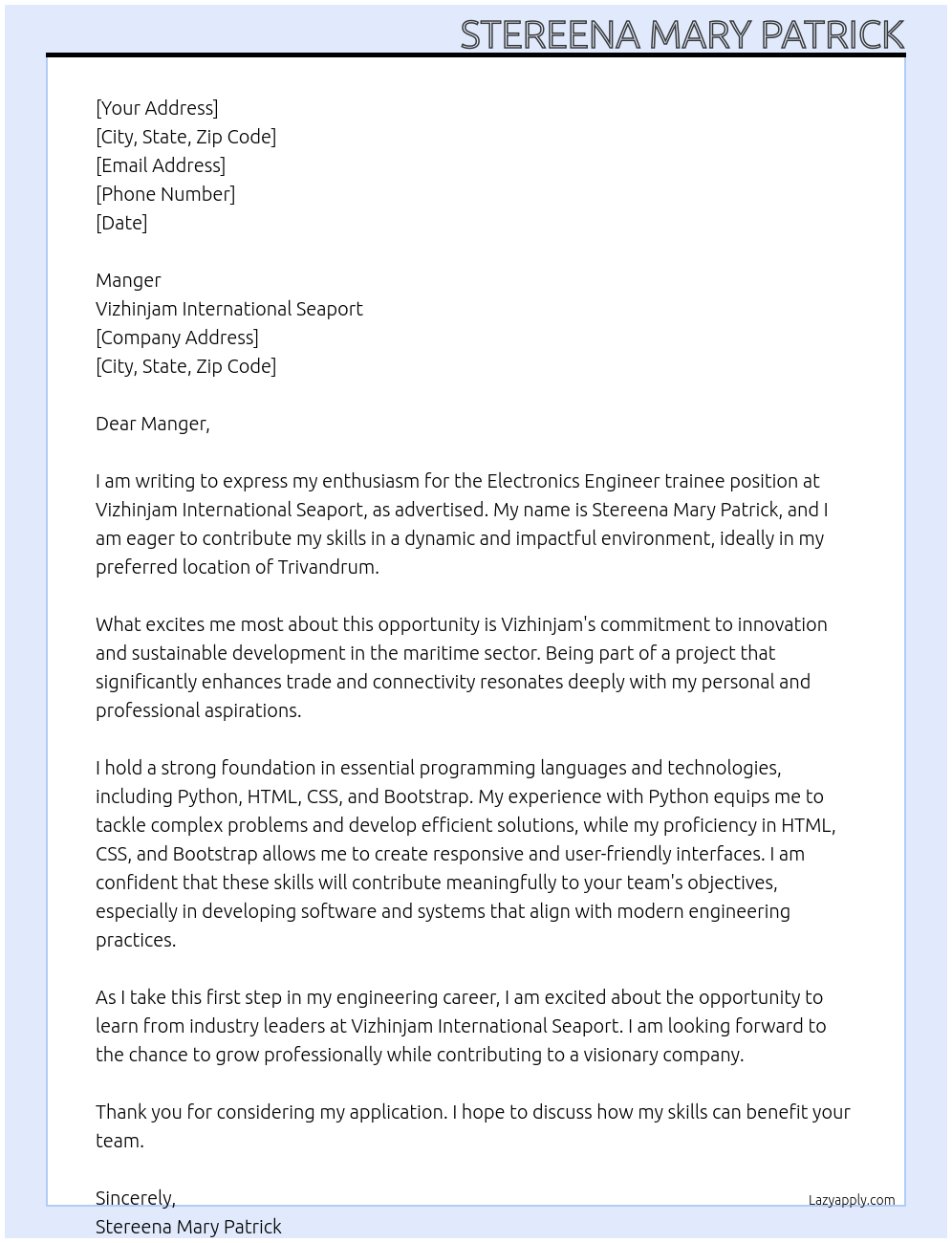 electronics engineer At Vizhinjam International Seaport Cover Letter