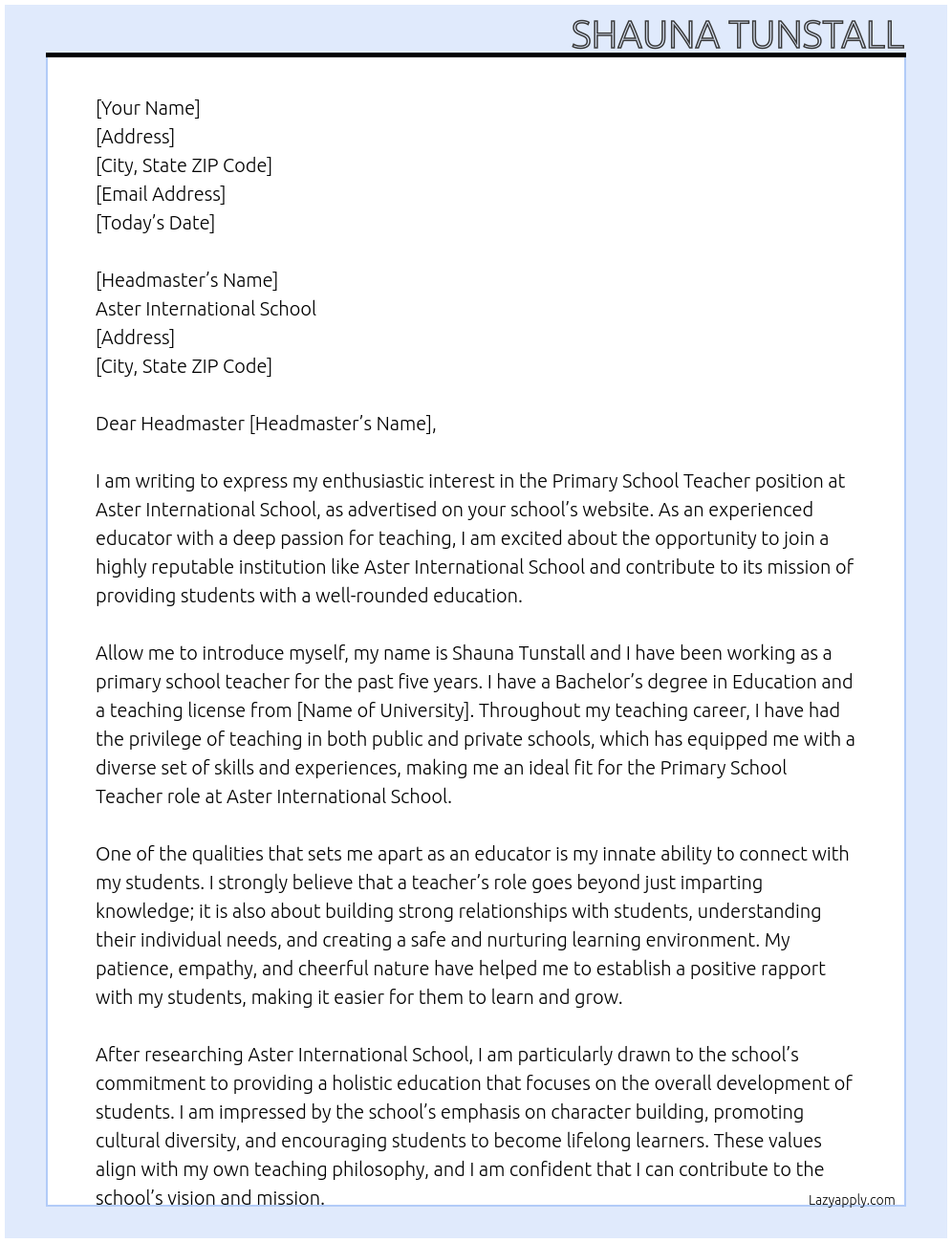 Primary school teacher At Aster Internation School Cover Letter