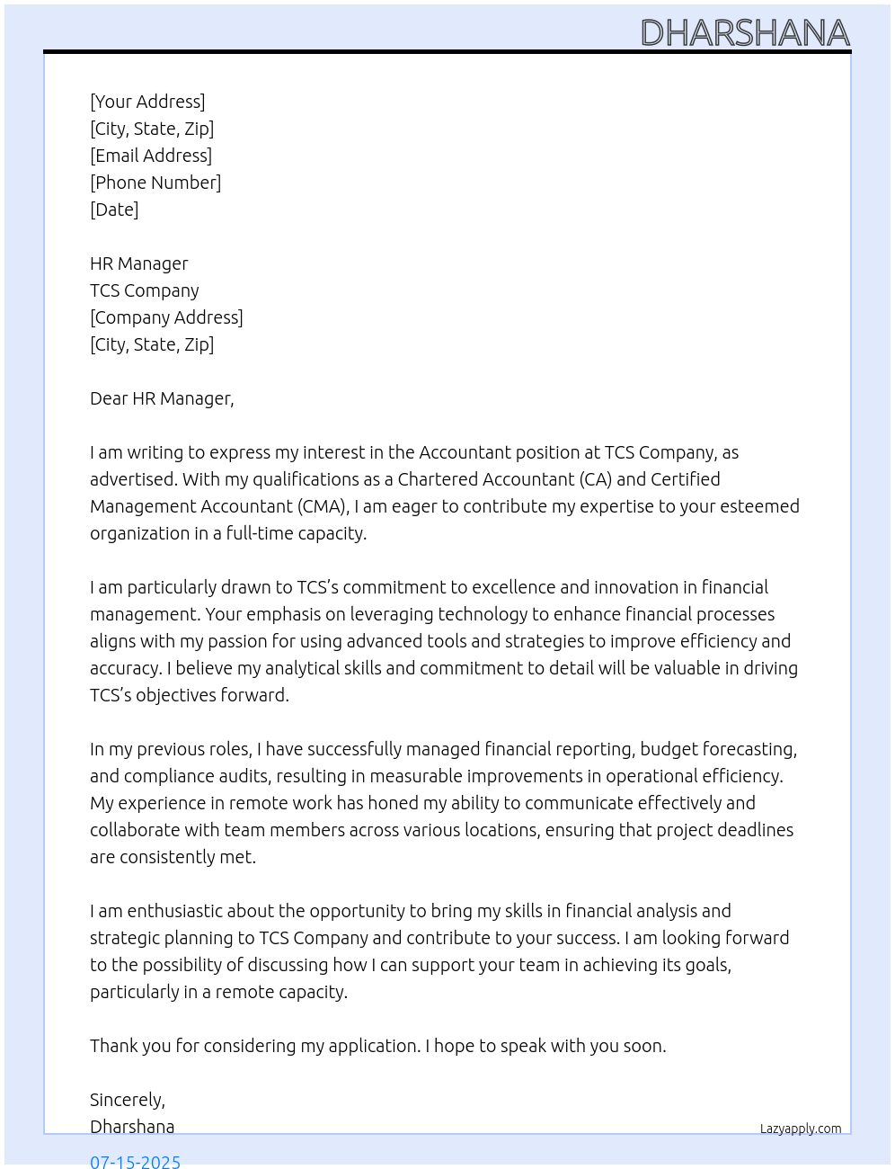 accountant At TCS company Cover Letter