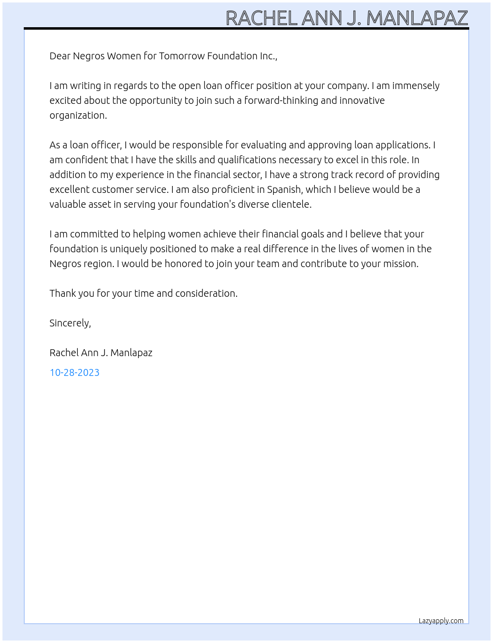 Loan officer At Negros Women for Tomorrow Foundation Inc. Cover Letter
