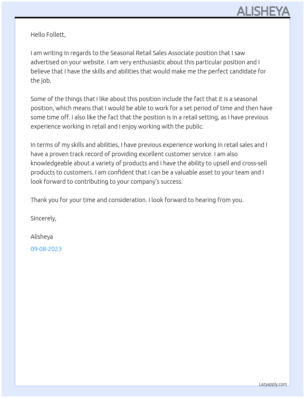 Seasonal Retail Sales Associate  At Follett Cover Letter