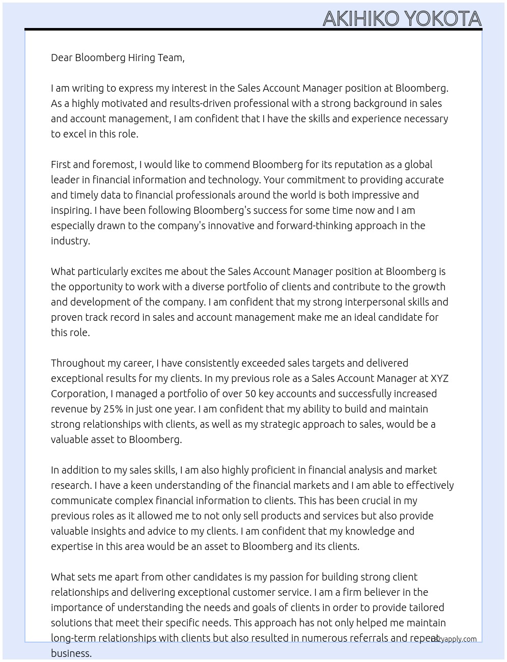 Sales Account Manager At Bloomberg Cover Letter