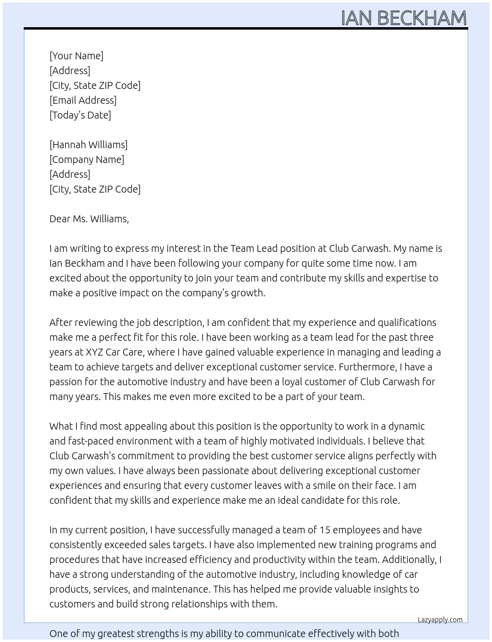 Team lead At Club Carwash Cover Letter