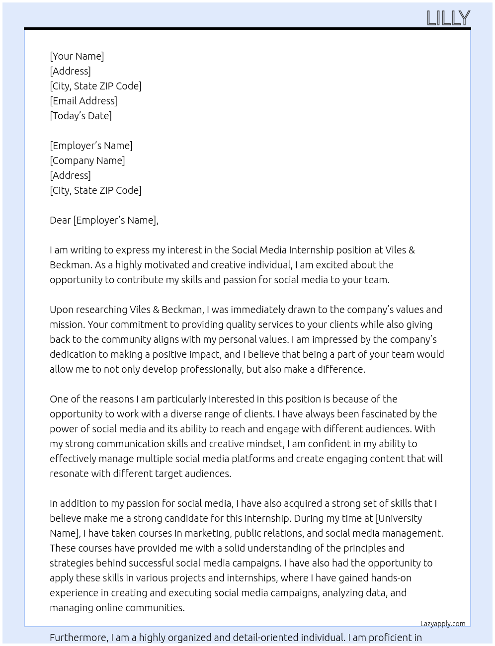 Social Media Internship At Viles & Beckman Cover Letter