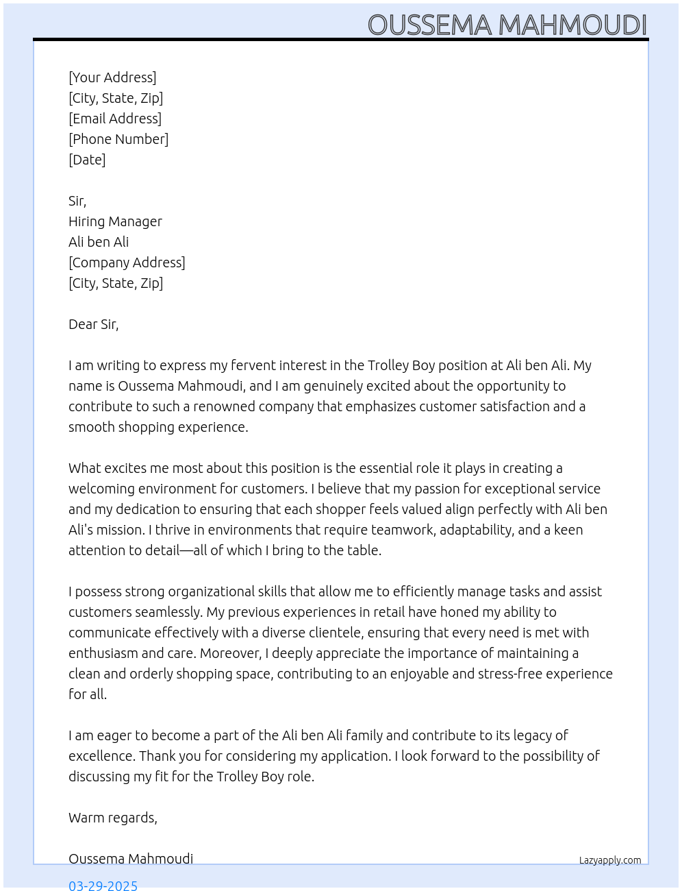 Trolley boy At Ali ben ali Cover Letter