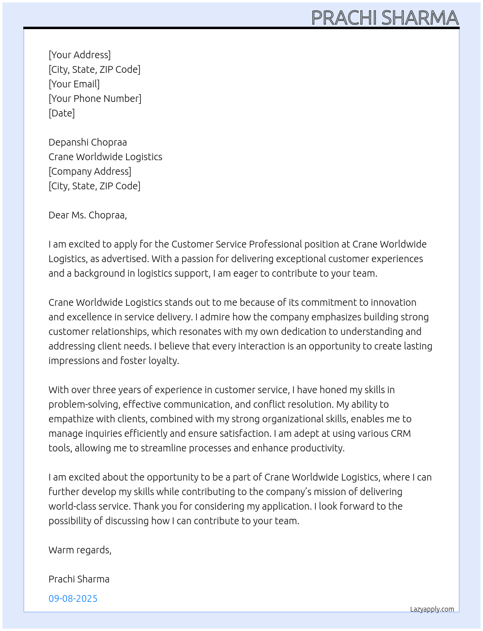 Customer Service Professional At Crane Worldwide Logistics Cover Letter