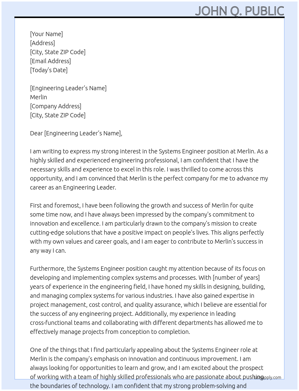 Systems Engineer At Merlin Cover Letter