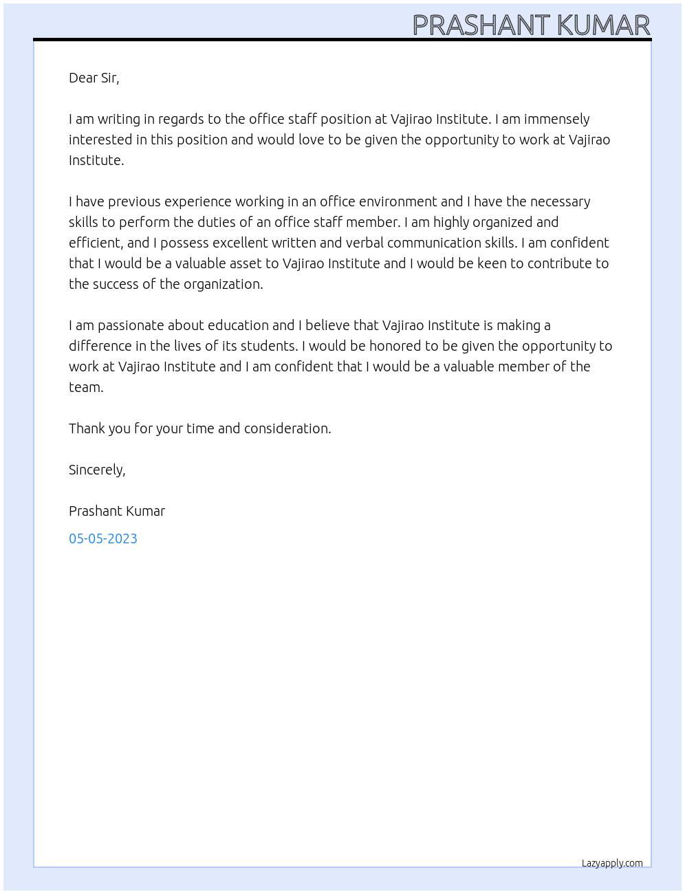 Office staff At Vajirao Institute Cover Letter