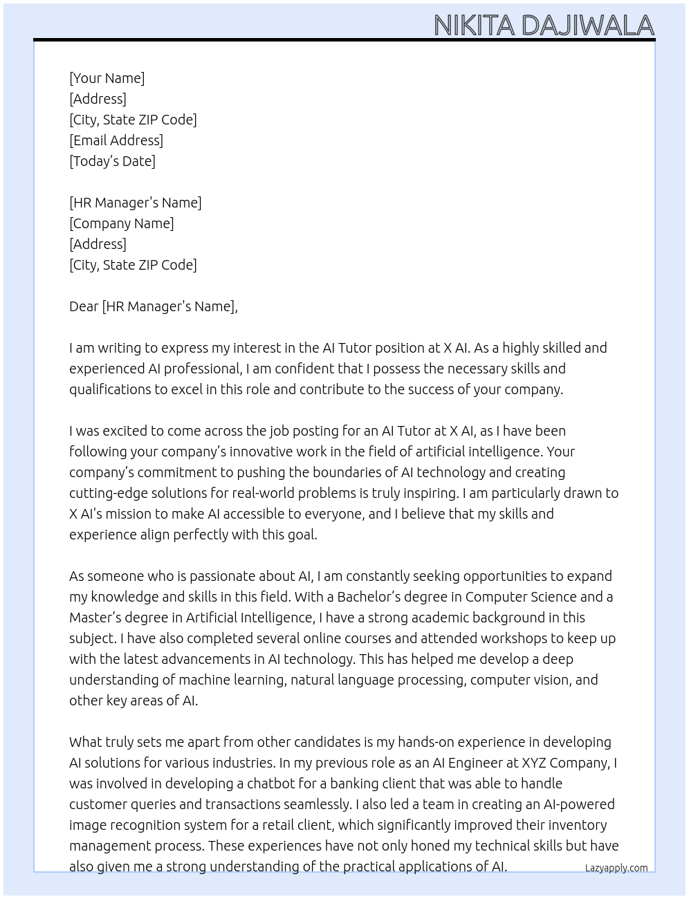 ai tuter At X AI Cover Letter