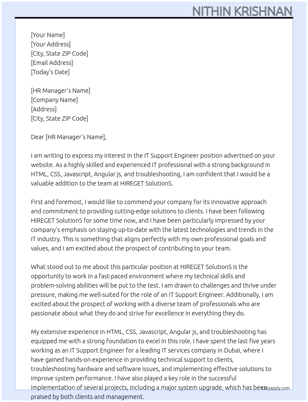 IT Support Engineer At HIREGET SolutionS Cover Letter