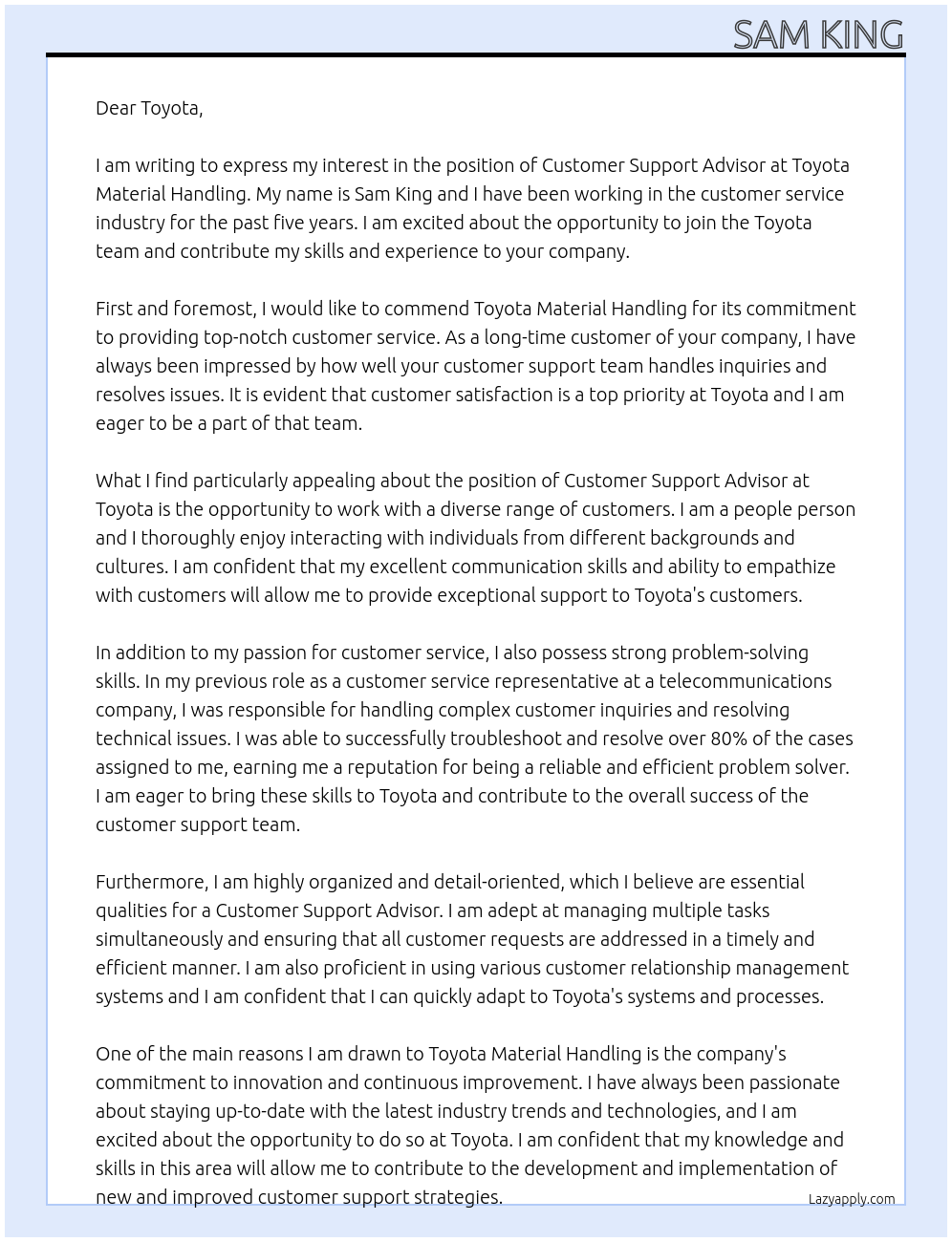 Customer Support Advisor At Toyota Material Handling Cover Letter