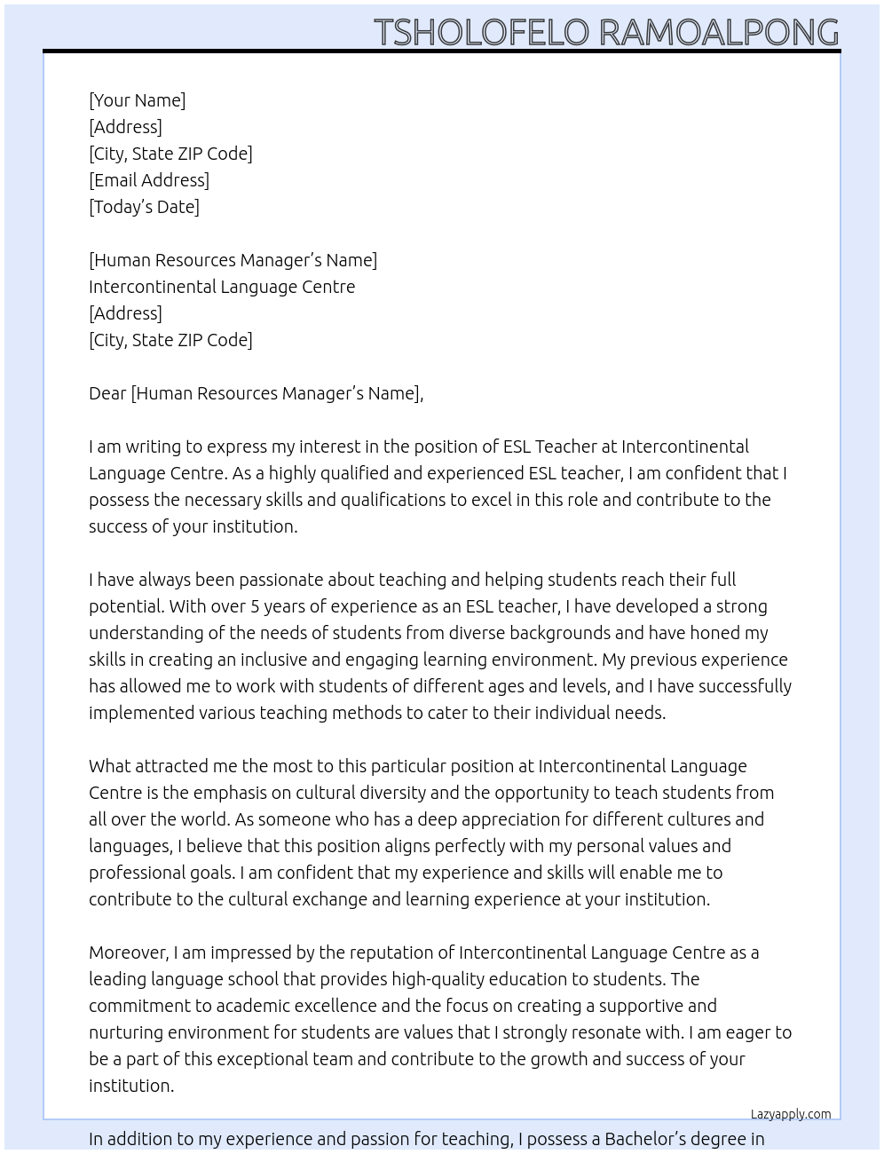 ESL Teacher At Inter continental Language Centre Cover Letter