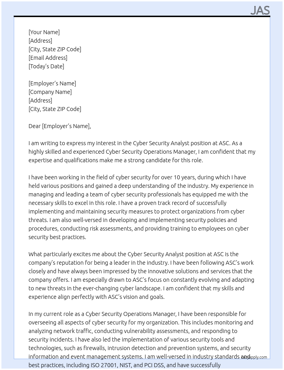 Cyber Security Analyst At ASC Cover Letter