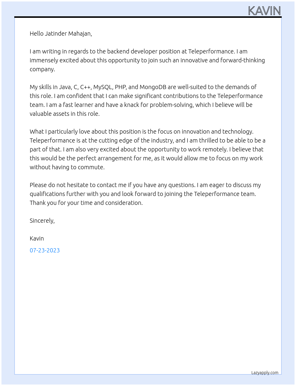 backend developer At teleperformance Cover Letter