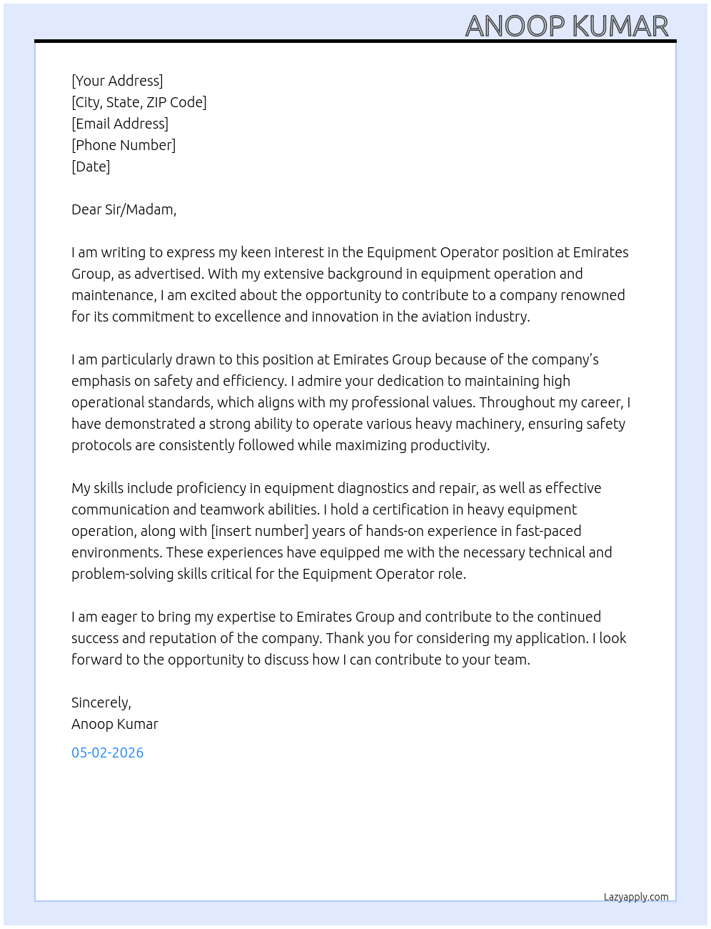 Equipment Operator At Emirates group Cover Letter