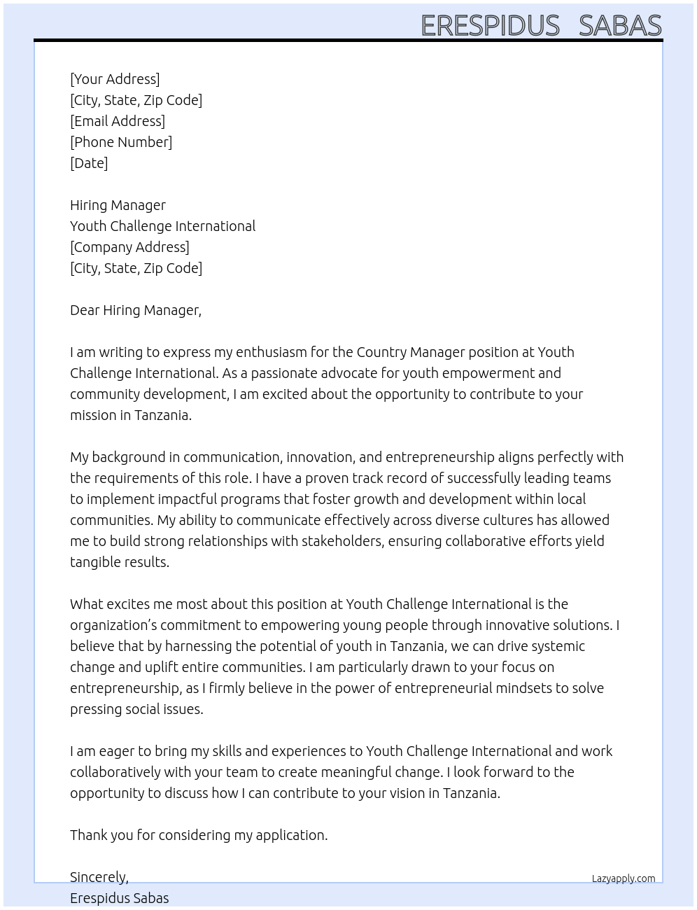 country manager At Youth Challenge International Cover Letter