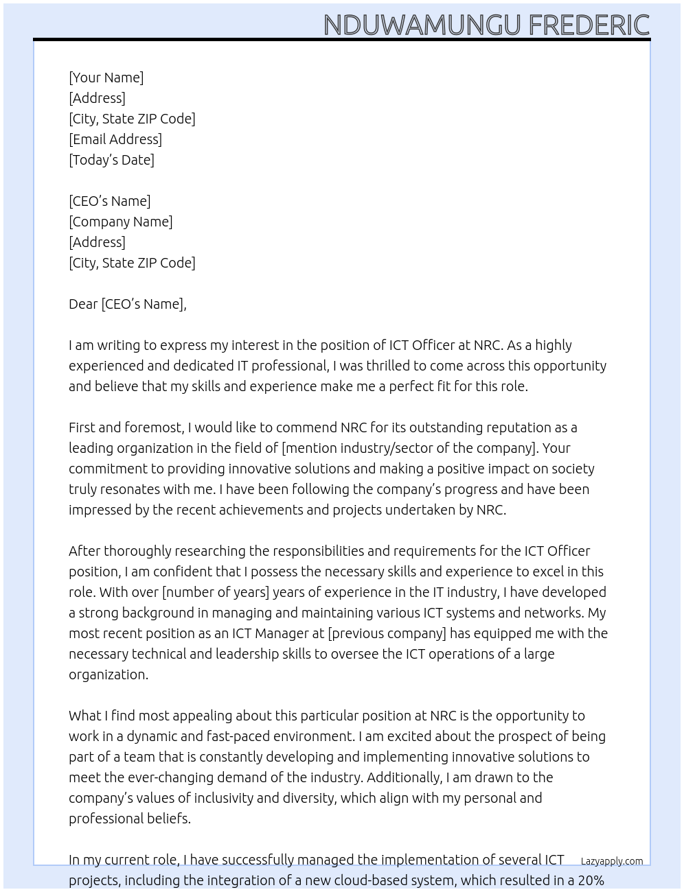 ICT Officer At NRC Cover Letter