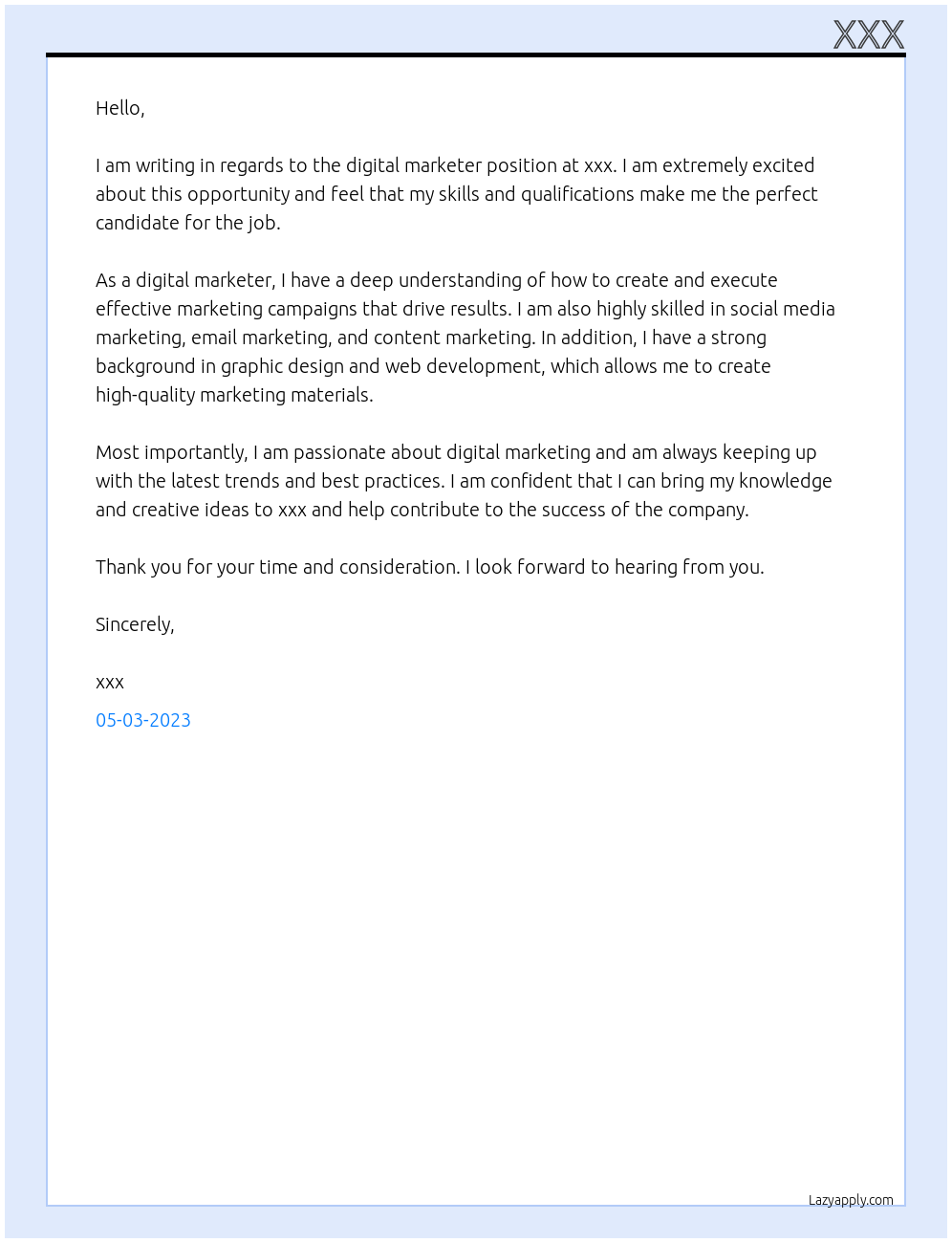 Digital marketer At xxx Cover Letter