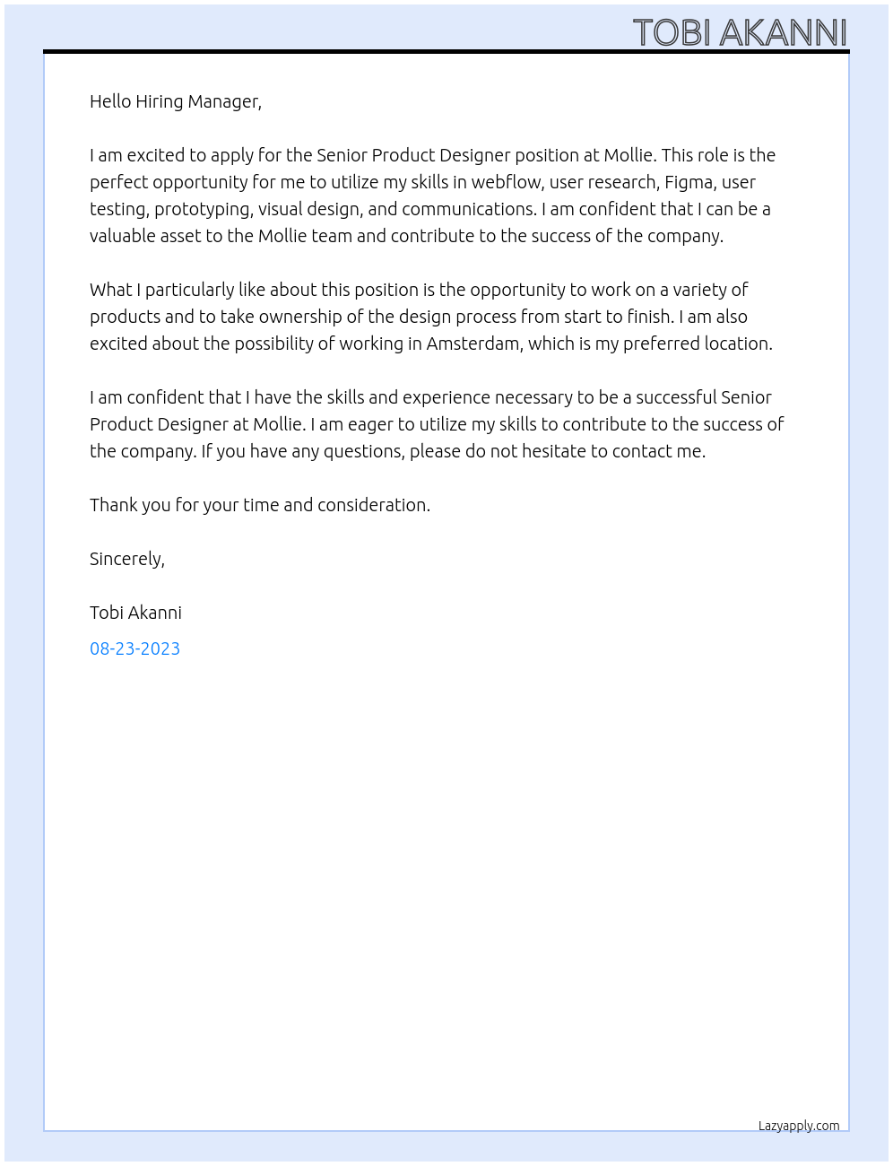 Senior Product Designer At Mollie Cover Letter