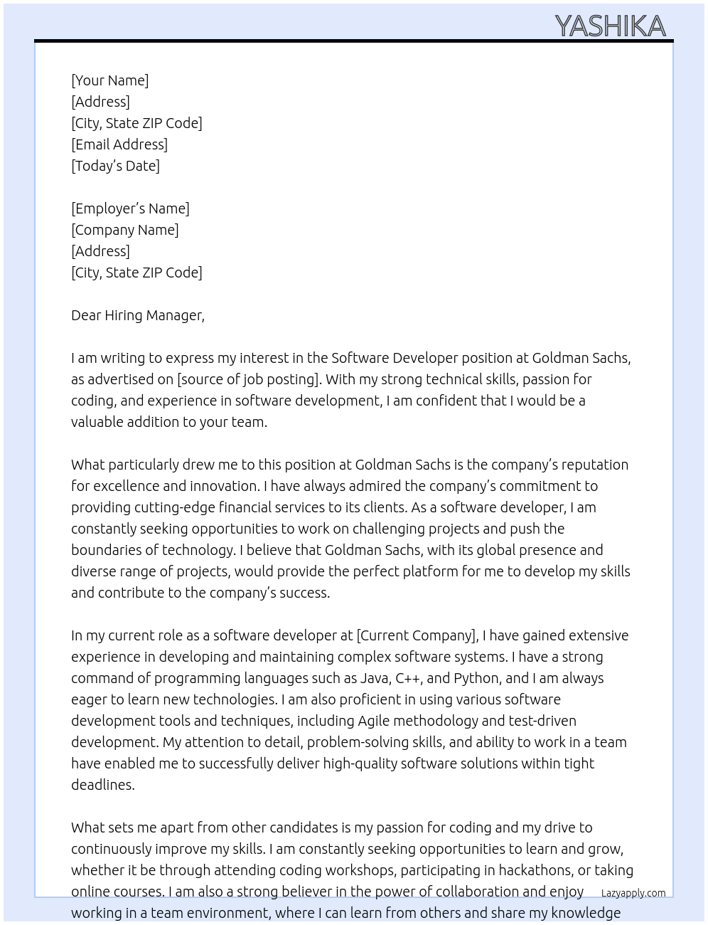 software devloper At Goldman Sachs Cover Letter