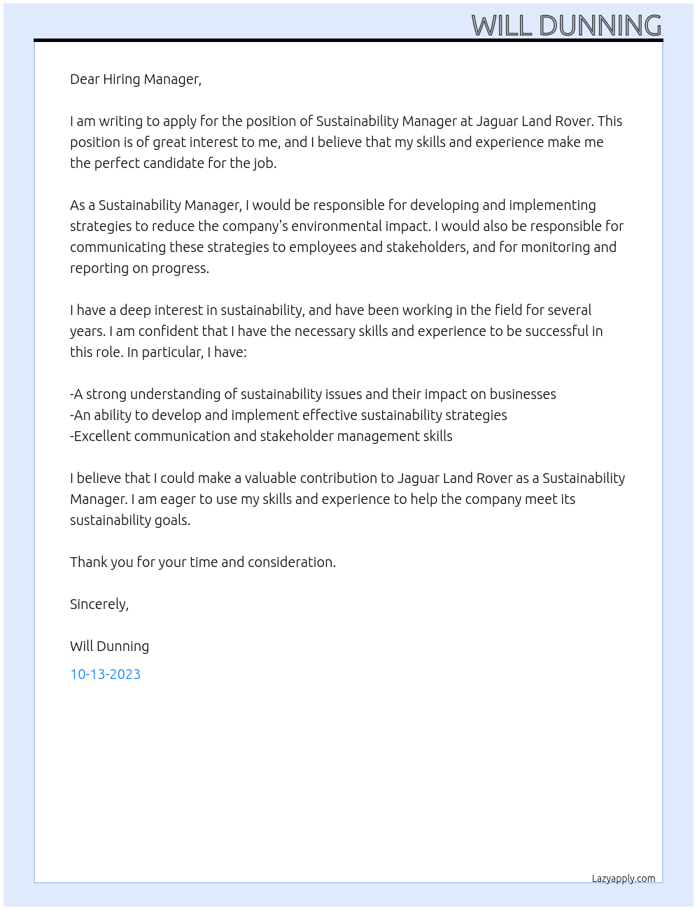 Sustainability Manager At Jaguar Land Rover Cover Letter