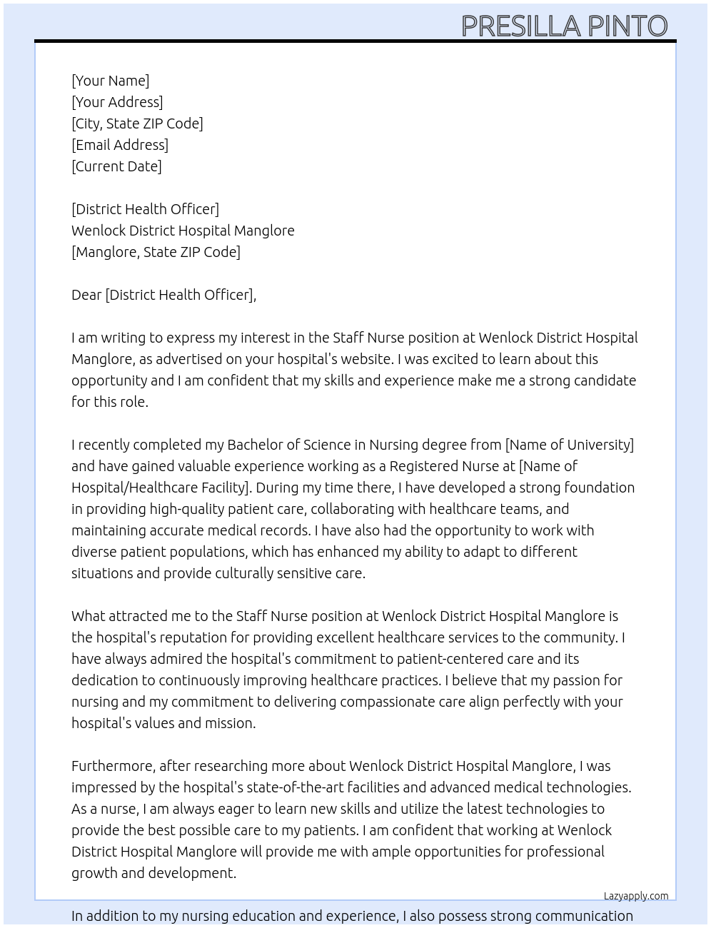 Staff nurse  At Wenlock District Hospital Manglore  Cover Letter