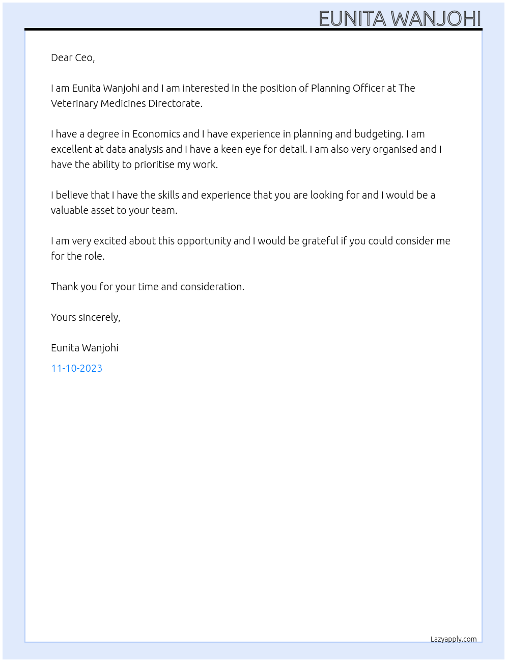 PLANNING OFFICER At The Veterinary Medicines Directorate Cover Letter