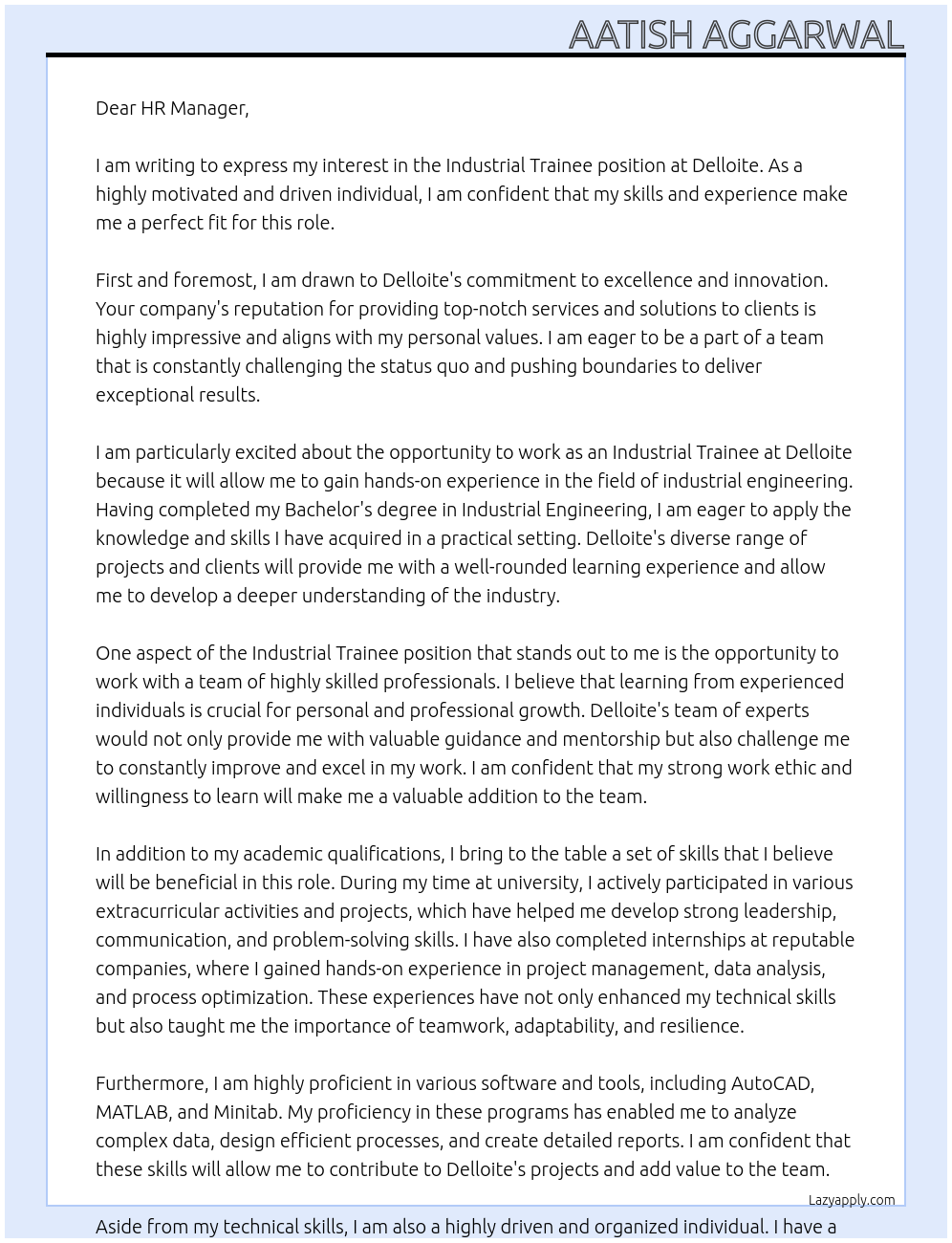Industrial Trainee At Delloite Cover Letter