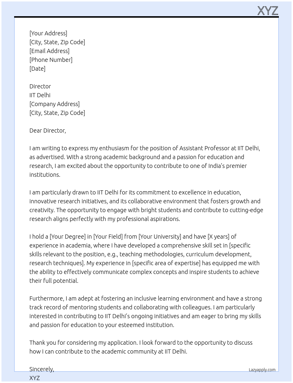 Assistant Professor At IIT Delhi Cover Letter