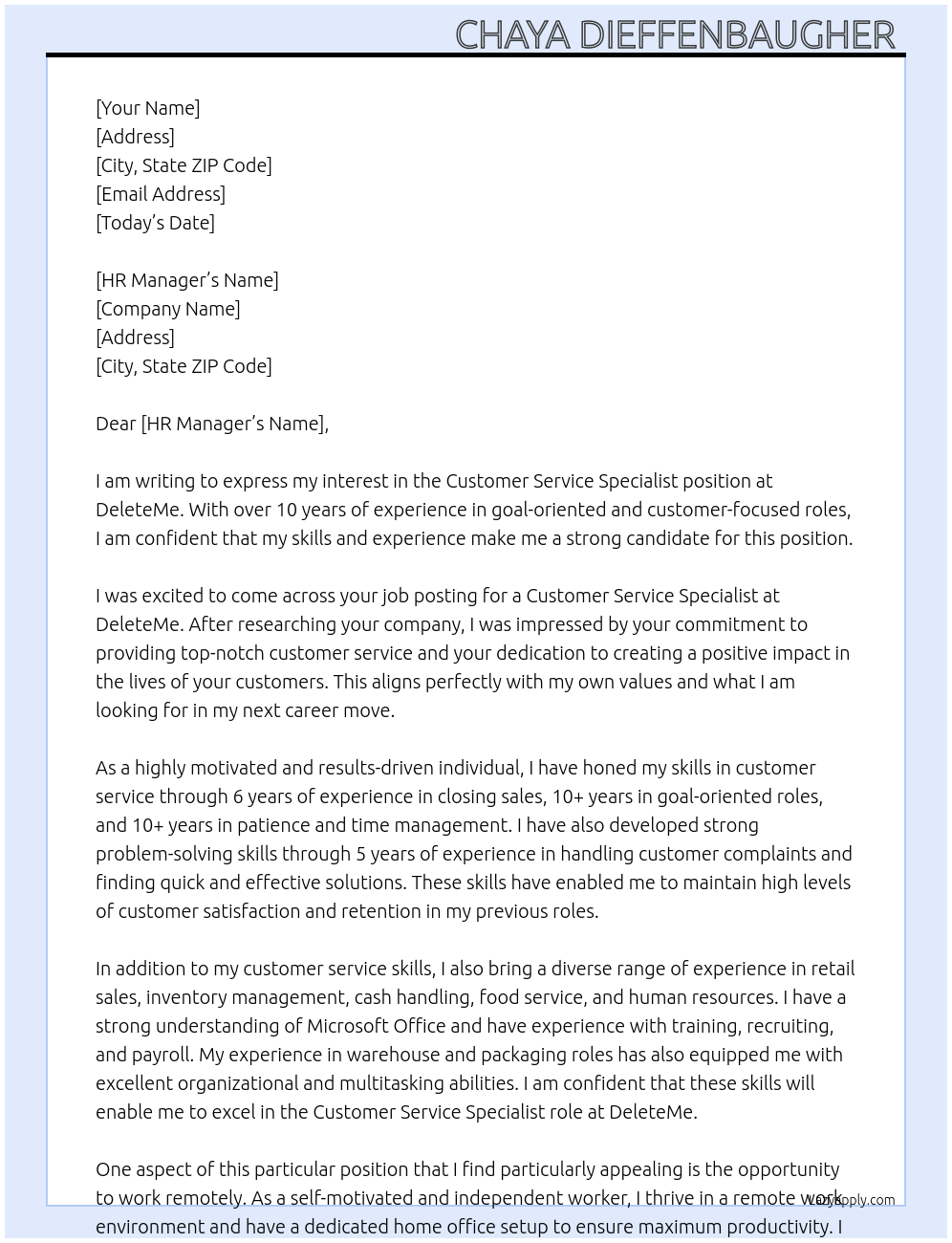 Customer service specialist At DeleteMe Cover Letter