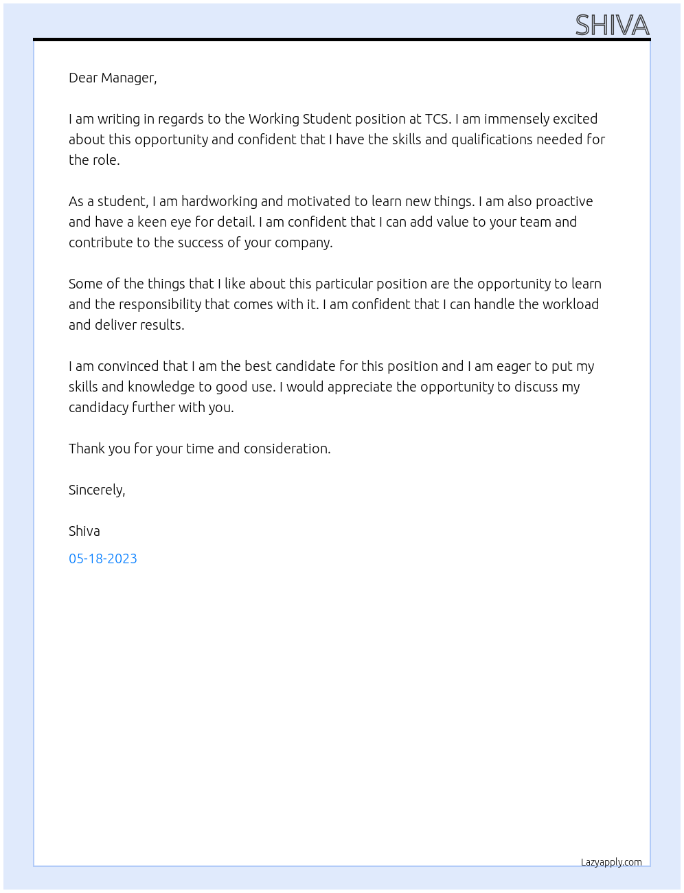 Working Student At TCS Cover Letter